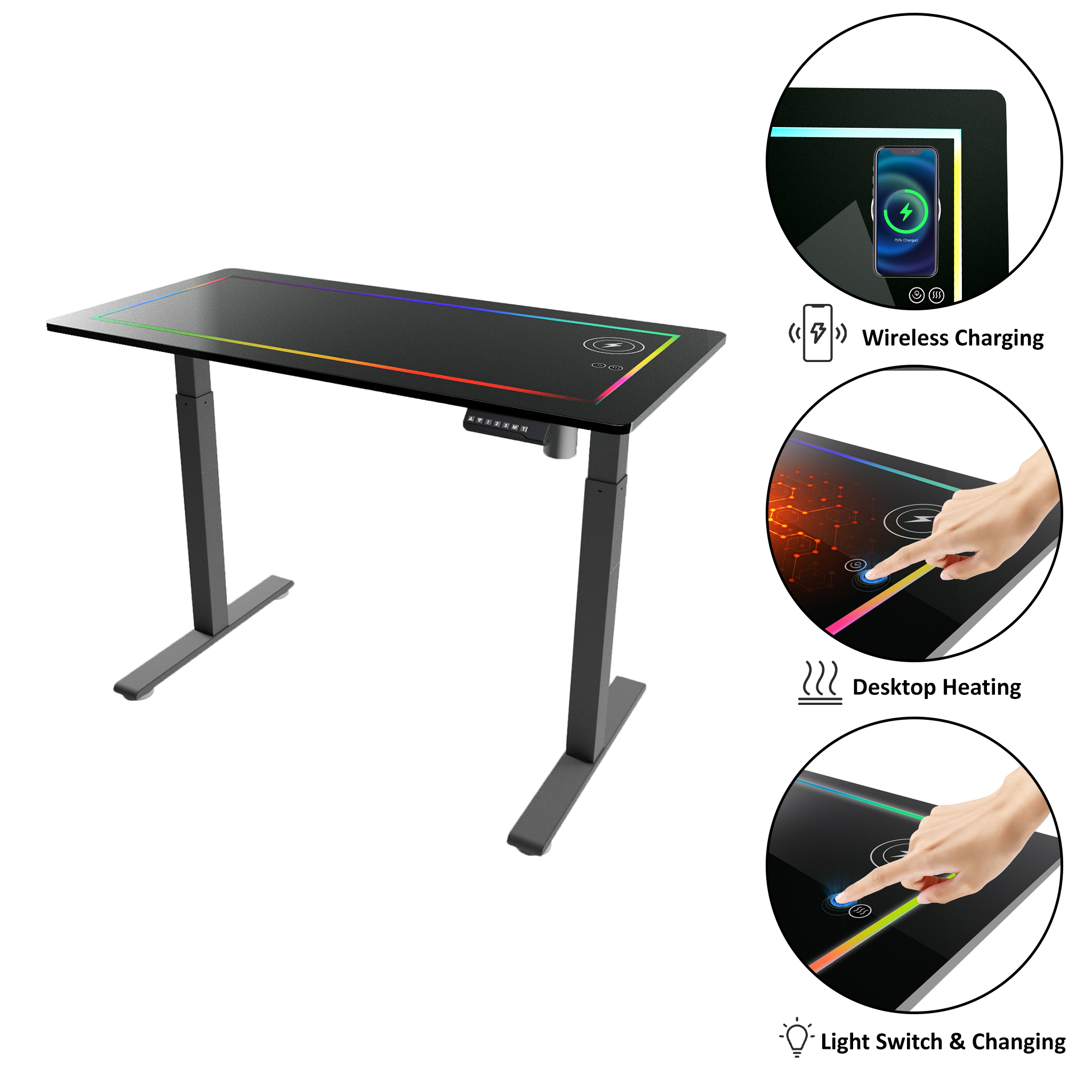 Glass Desktop Electric Standing Desk with Wireless Charging, Hand Warmer, LED Strip